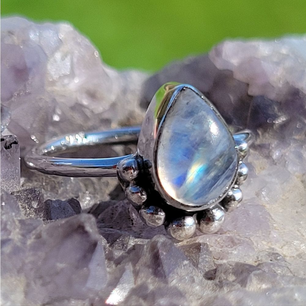 RAINBOW Moonstone Beaded Teardrop Ring, 925 Sterling Silver - Picture 2 of 8